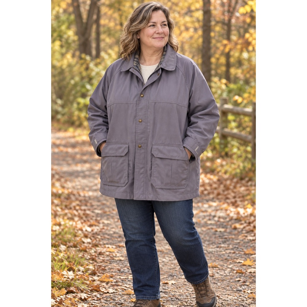 Woolrich Woman Barn Jacket Plaid Lined Field Coat Purple Grey Raglan Sleeve
